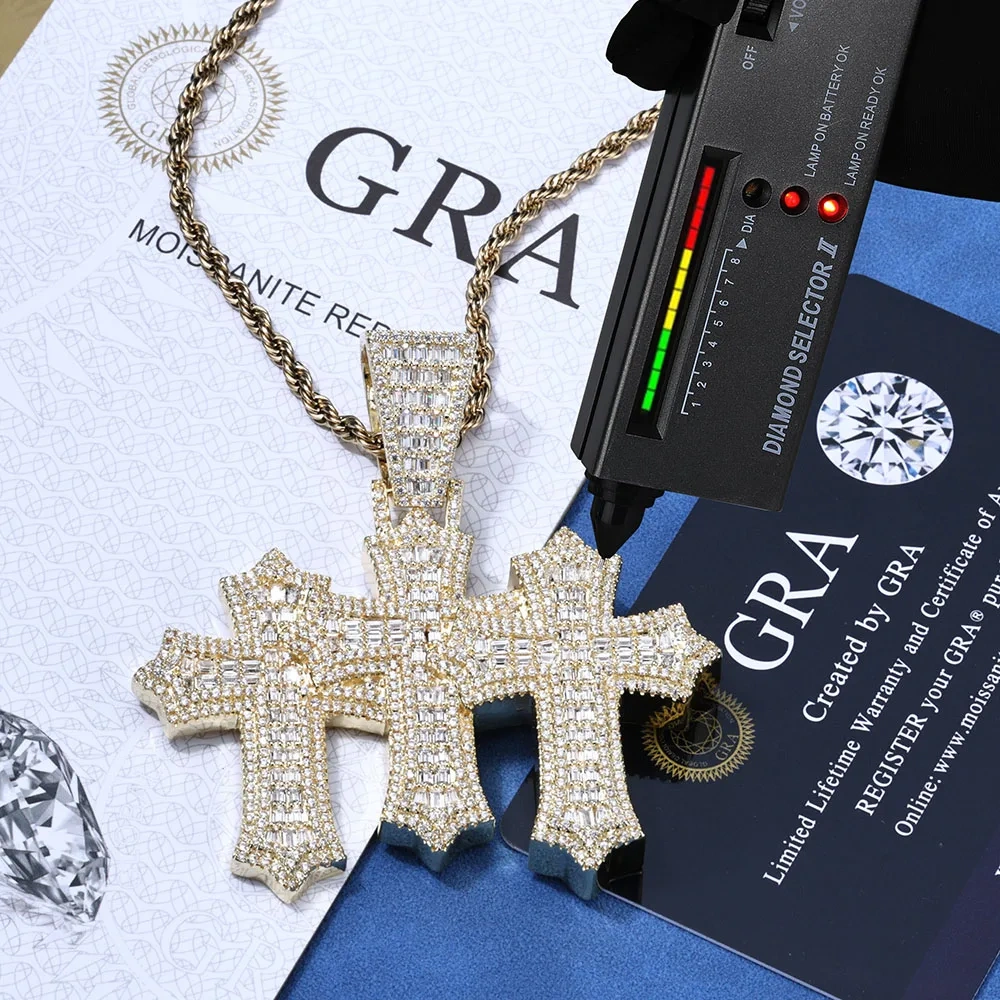 Real VVS Moissanite Three Crosses Pendant S925 Silver Iced Out for Men Women Hip Hop Jewelry  Round Rectangle Moissanite Pendant
