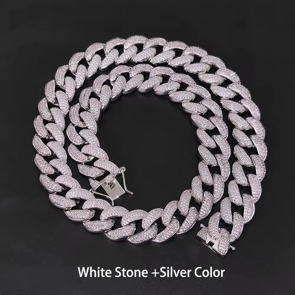 Fashion Hip Hop 18mm 3 Rows Iced Out Two Color Diamond Plated White Gold Miami Cuban Chunky Link Chain Necklace ﻿