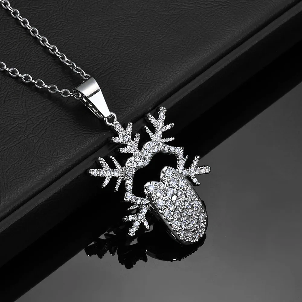 ESKEEM Fashion Iced Out White Gold Plated Diamond Tongue Shape Snowflake Pendant Necklace for Men Women Christmas Jewelry Gift