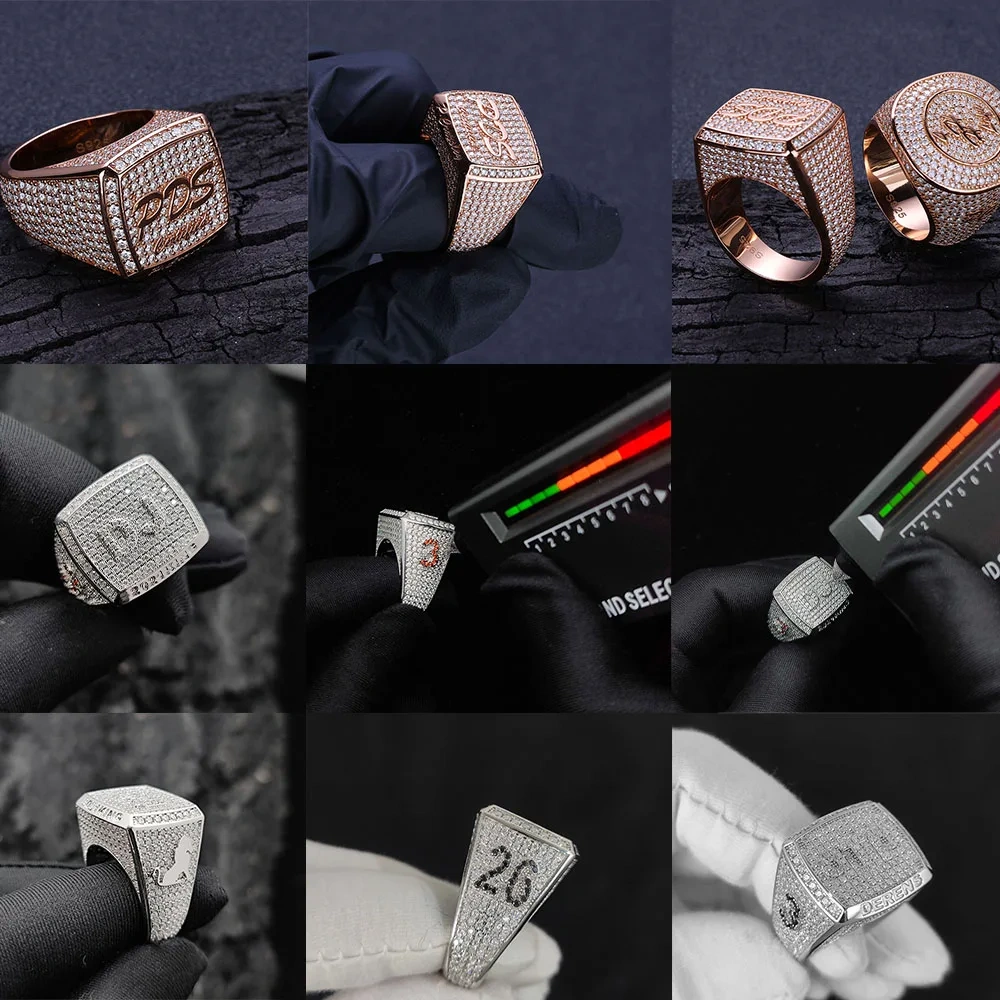 Hip Hop Jewelry Moissanite 925 Sterling Silver Rings Iced Out Diamond Personalized Custom Logo Letter Rings For Men Women