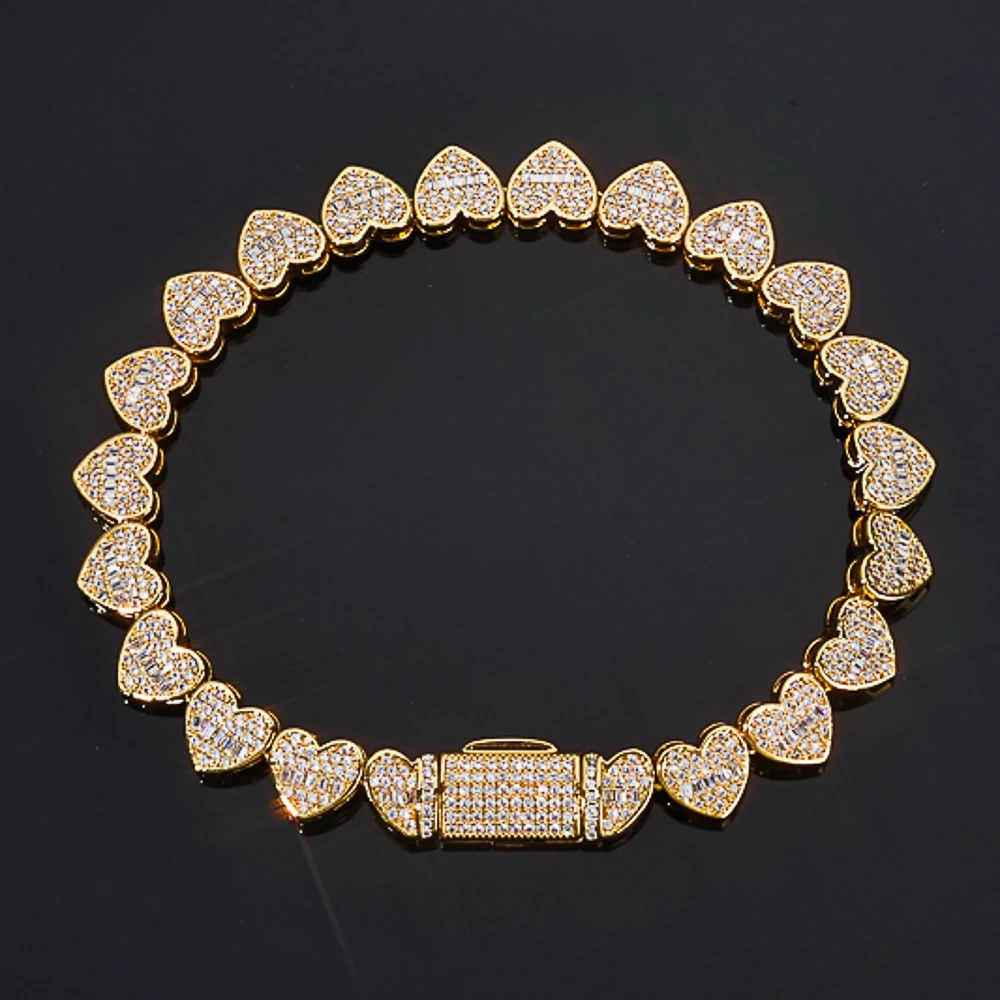 ESKEEM 8mm Iced Out Baguette Heart Tennis Chain Bracelet Silver Plated Zircon Mixed Inlay Hip Hop Women's Fine Jewelry