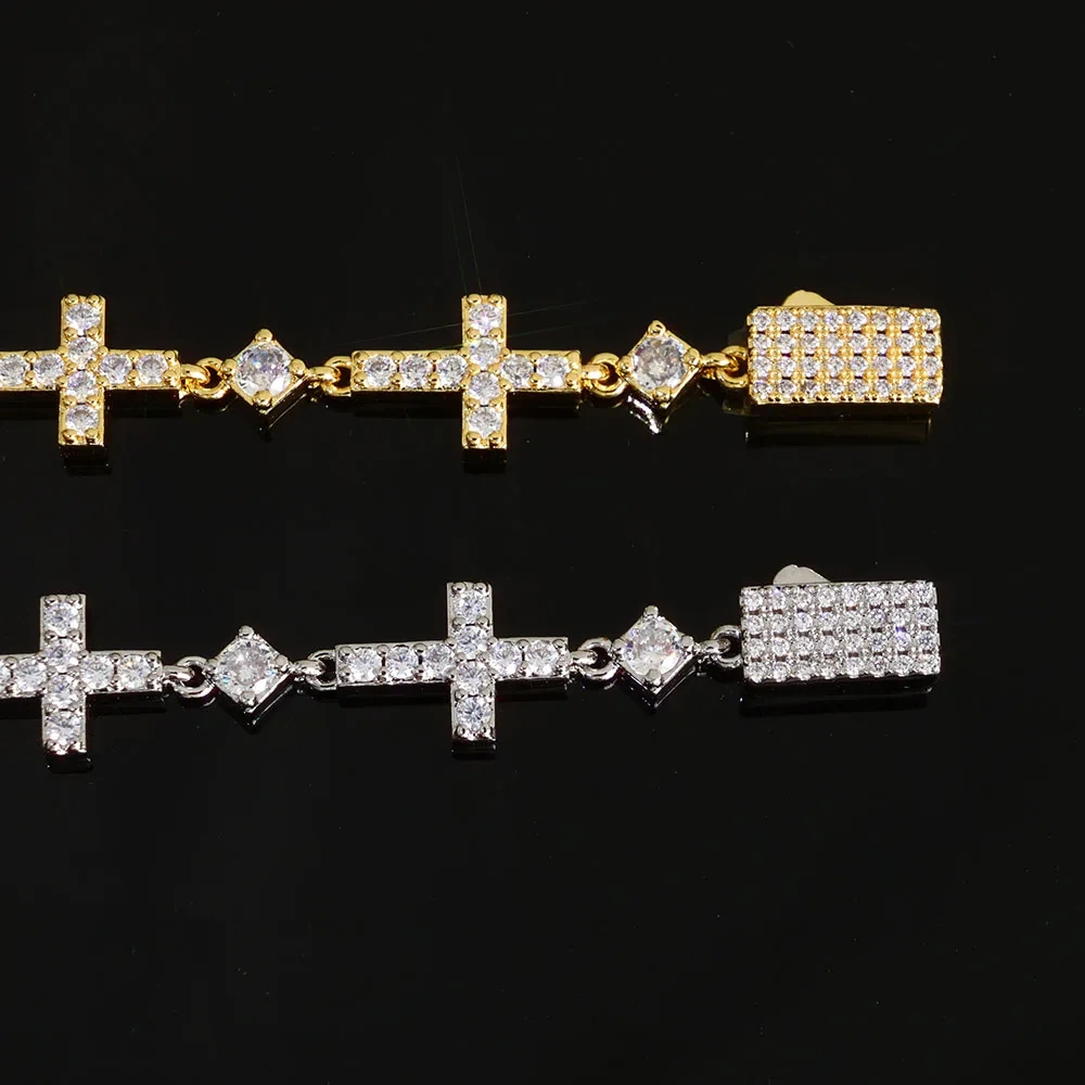 ESKEEM Luxury Gold Plated 5MM Iced Out Chain Bracelet Elastic Clasp Small Cross Design Bling Zircon Stones Fine Jewelry