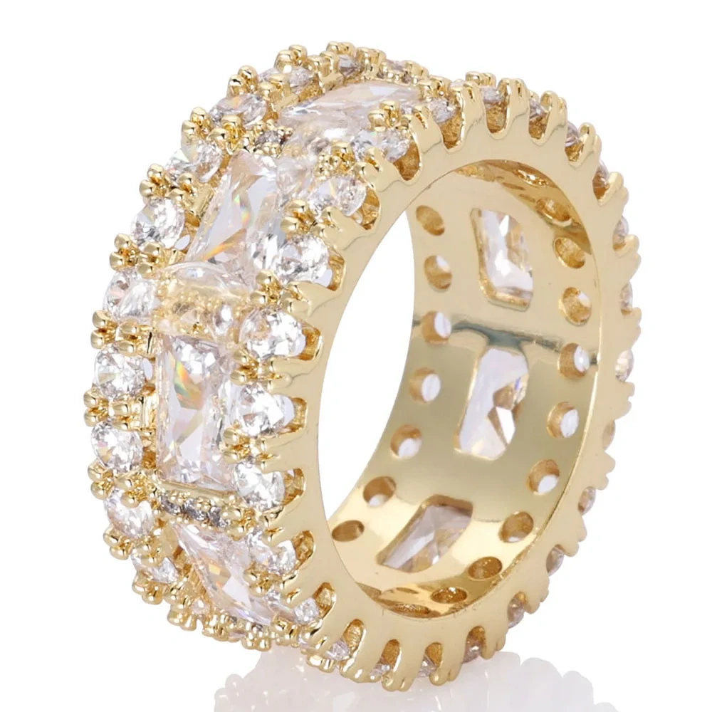 10mm Cubic Zirconia Cuban Rings Brass Prong Setting T-shaped DiamondCZ Iced out Ring Jewelry For Women Men Gift