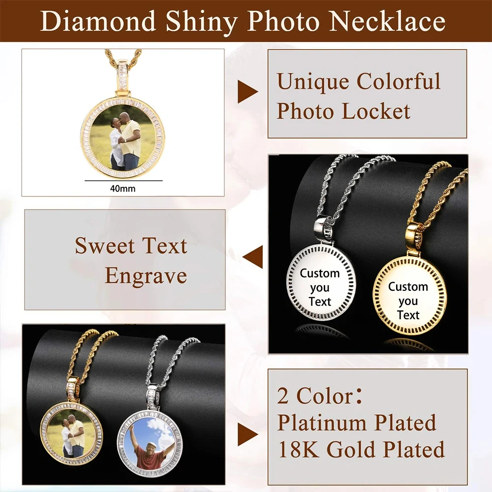 40MM Custom Photo Necklace Personalized Medallion Memory Picture Pendant T T-Shaped Zircon Hip Hop Jewelry Drop Shipping