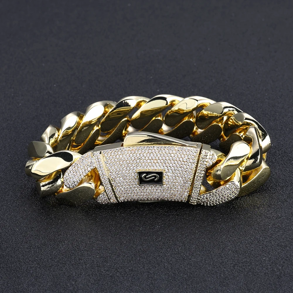 ESKEEM 14K Gold Plated Thick Solid Monaco Bracelet Hip Hop Jewelry Iced Diamond Clasp Flat Miami Cuban Bracelet Chrismas Gift