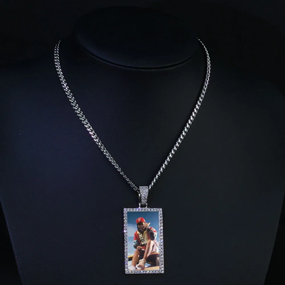 Custom Made Photo Rectangle Shape Pendant Necklace Zircon Men's Hip Hop Jewelry Memory Picture Pendant For Men Gift