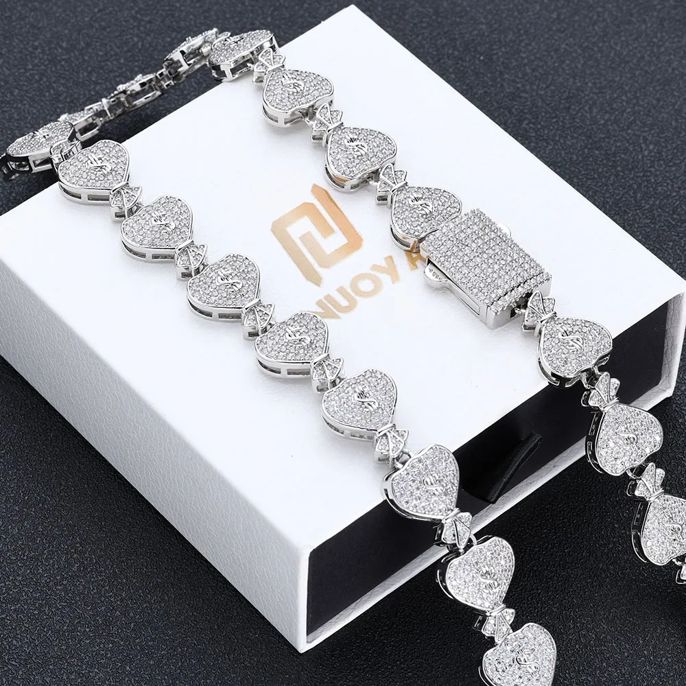 Hip Hop Rapper Jewelry Iced $ Money Bag Necklace Micro Pave CZ Zirconia USD Money Bag Cuban Chain Necklace for Men Women ﻿