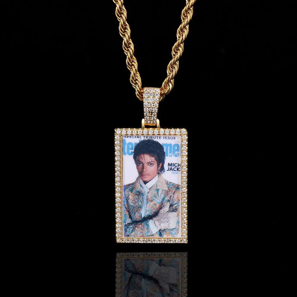 Custom Made Photo Rectangle Shape Pendant Necklace Zircon Men's Hip Hop Jewelry Memory Picture Pendant For Men Gift