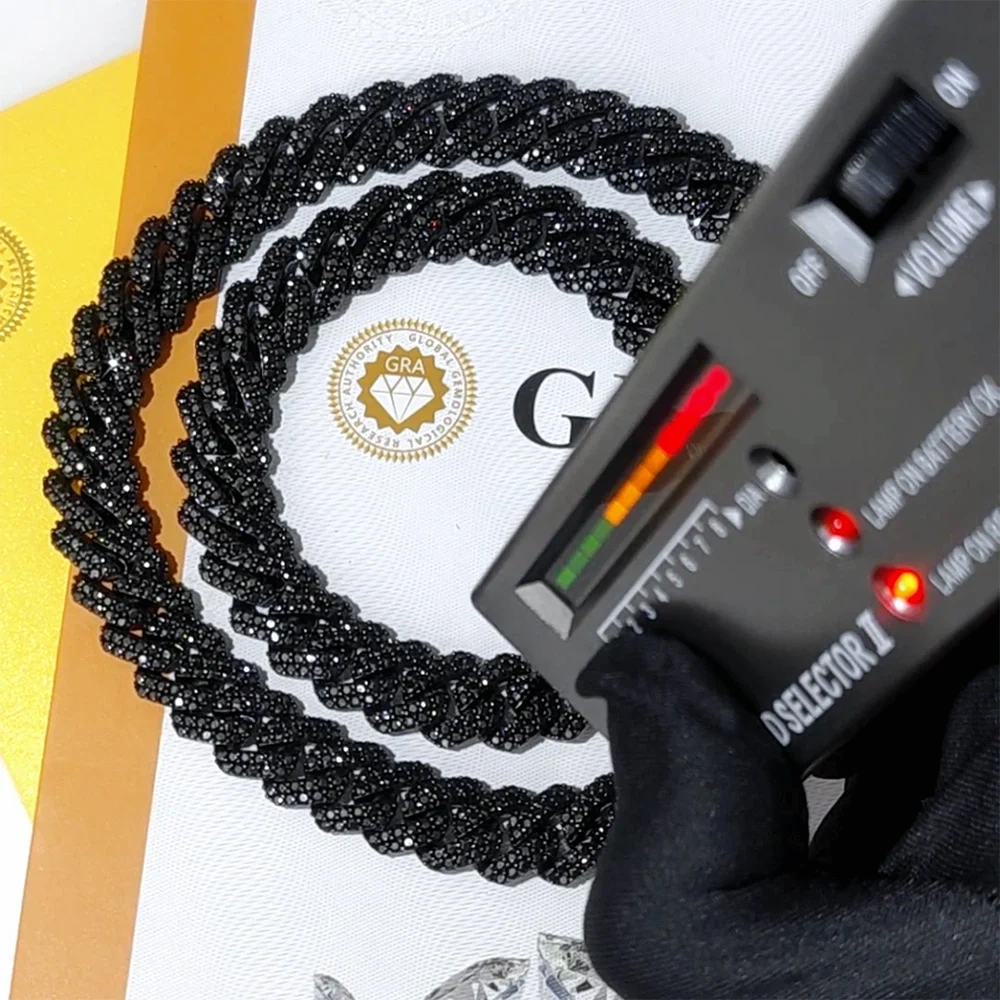 Hip Hop Jewelry Custom Black Plated Cuban Chain 10/12mm Ice out 925 VVS Black Moissanite Cuban Link Chain Necklace for men