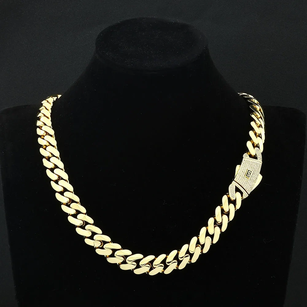 12mm 15mm 20mm Monaco Necklace High Quality Diamond Drop Oil Logo Clasp Smooth Cuban Chain Trendy Unique For Men Women Gift