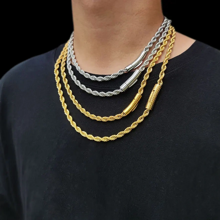 Hip Hop Jewelry PVD Plated Mens 6mm Stainless Steel Franco Rope Chain Necklace 16-26“ For Men Women Gift