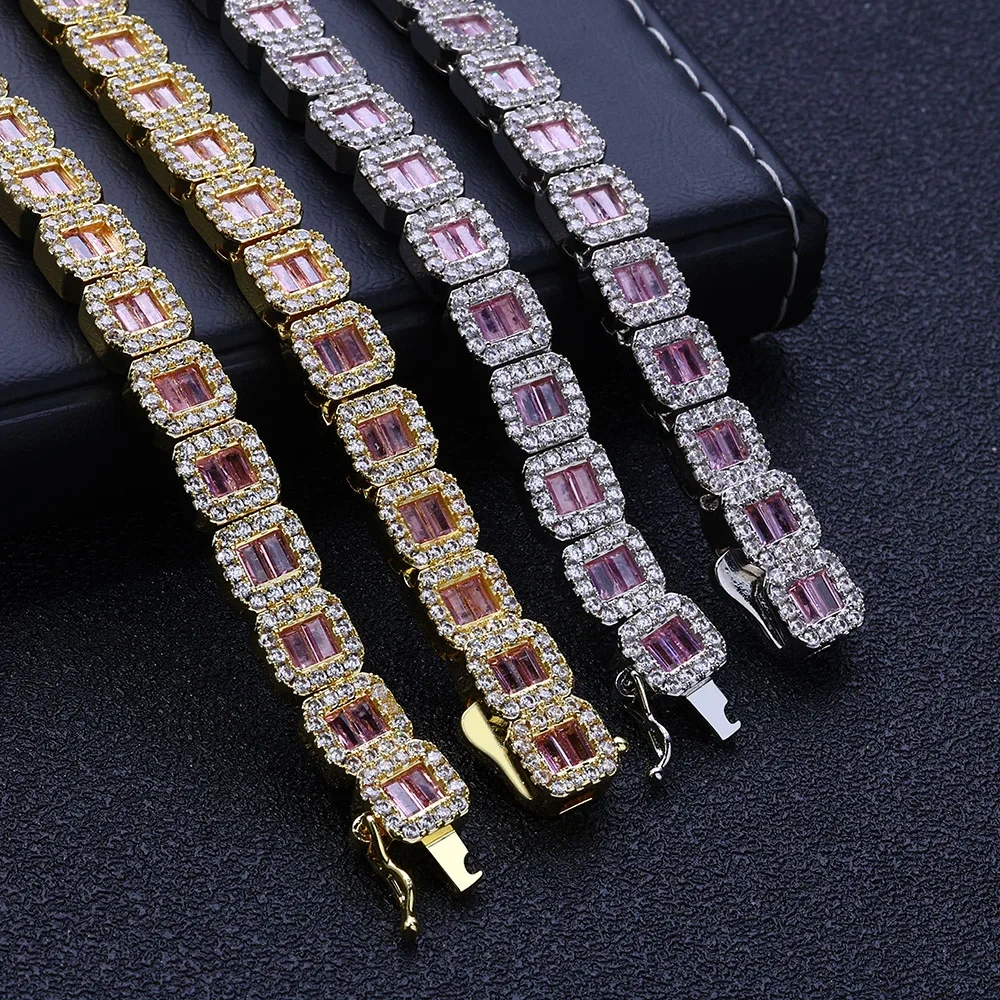 Hip Hop 8mm Square Diamond Brass Baguette Tennis Bracelet 18K Gold Plated Iced Out CZ Tennis Chain Jewelry For Men