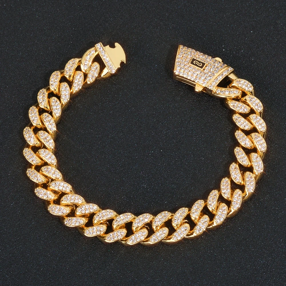 ESKEEM 12mm Full Iced Diamond Monaco Bracelet 18K Gold Plated Miami Two Rows Cubic Zirconia Cuban Link Chain Hip Hop Jewelry Men