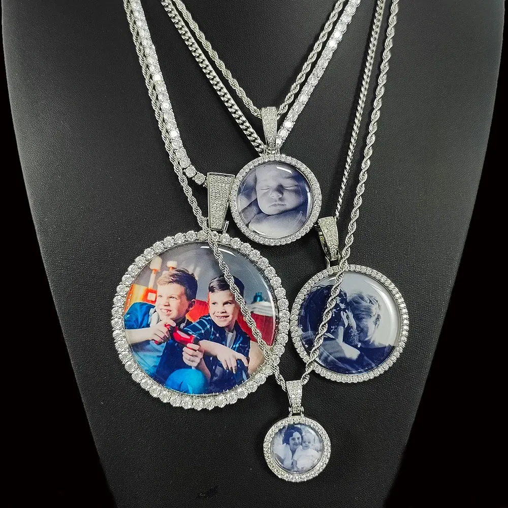 Custom Photo Necklace For Men Personalized Medallion Memory Picture Pendant Solid Back Zircon Hip Hop Jewelry Free Engrave