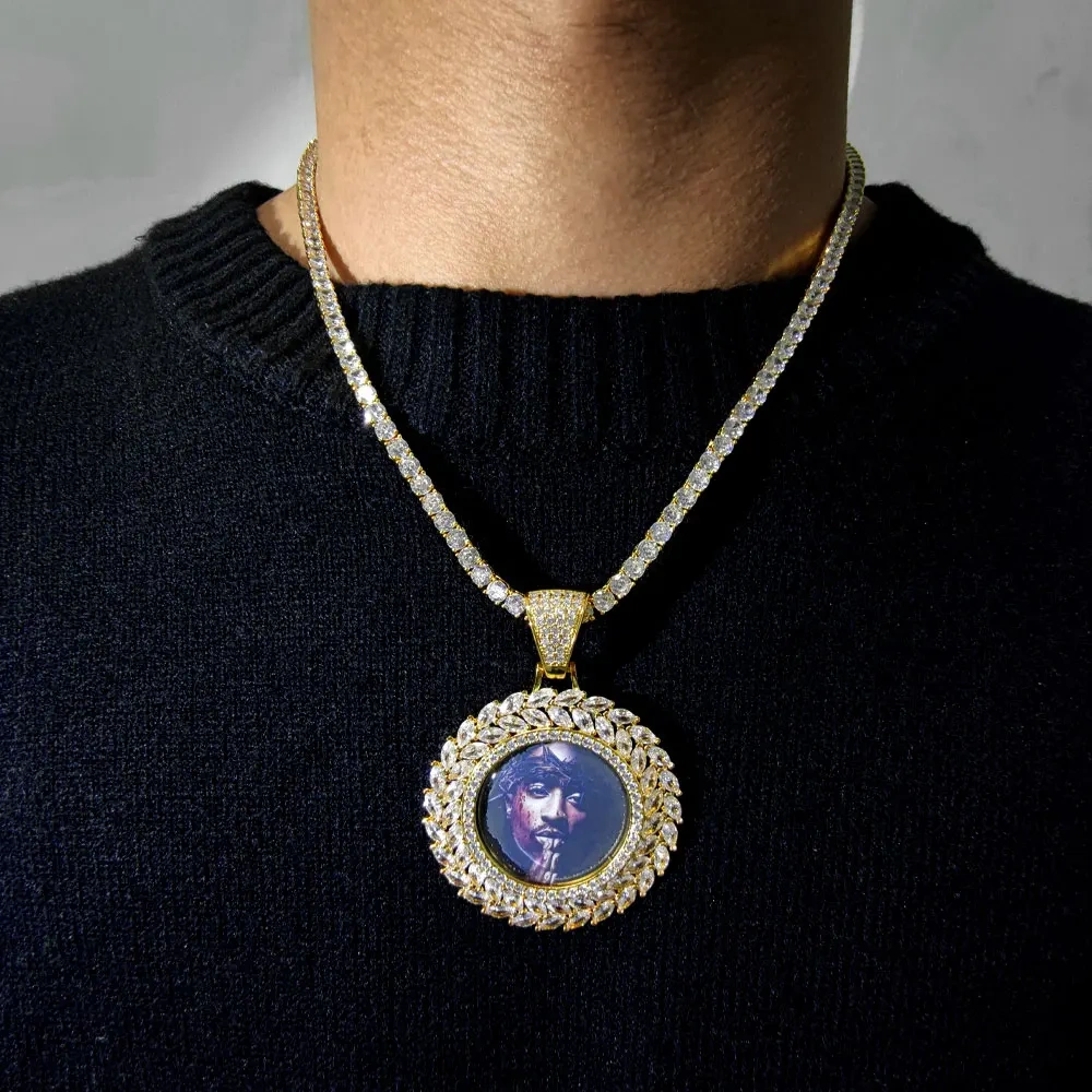 Hip Hop Iced Out Jewelry Picture Custom Pendant Blank Zircon Medallion Photo Necklace Free Item Engraving Logo And Shipping