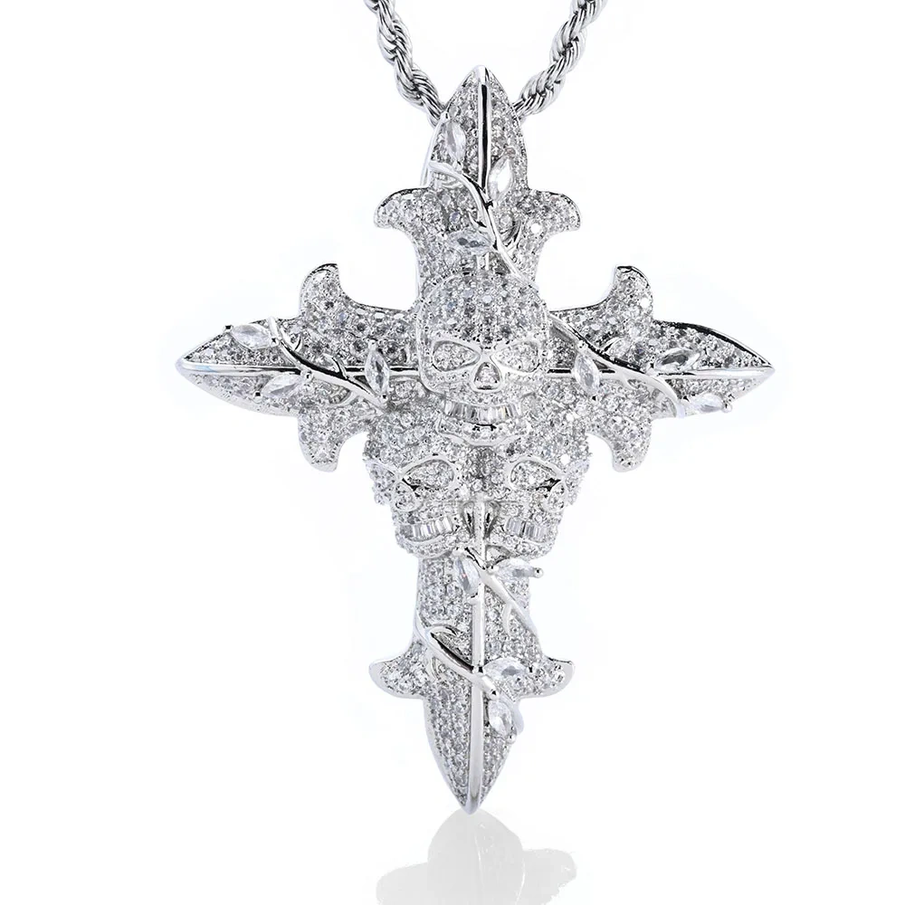 Hot Selling Vintage Jewelry Iced Out Flower Skull Cross Pendant Necklace 5A Zircon Christian Religious Cross Necklace Charm