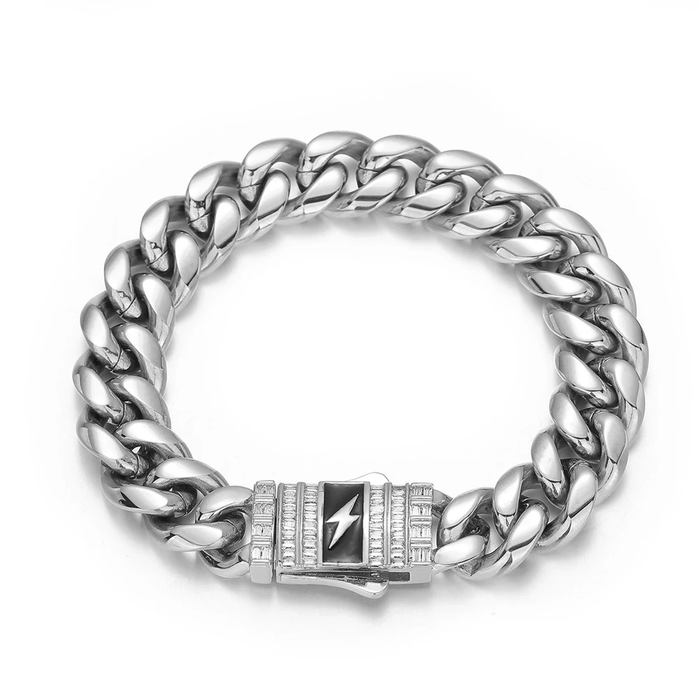 Hip Hop Jewelry 12MM Stainless Steel Cuban Link Necklace Brass Rectangle CZ Iced Out Bling Lightning Clasp For Men Women