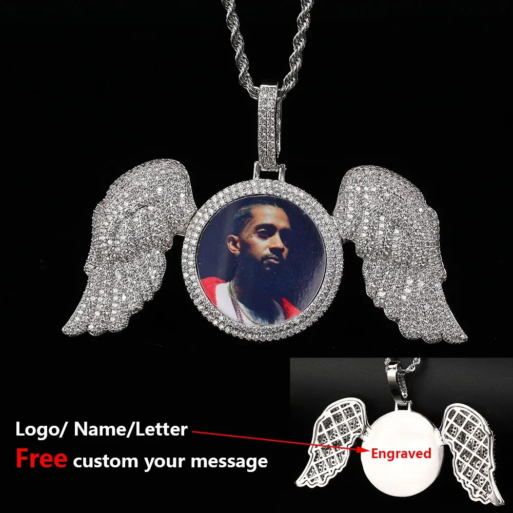 Hip Hop Memorial Custom Wing Photo Pendant Necklace For Men Personalized With Angel Wings Pendants Trays Picture