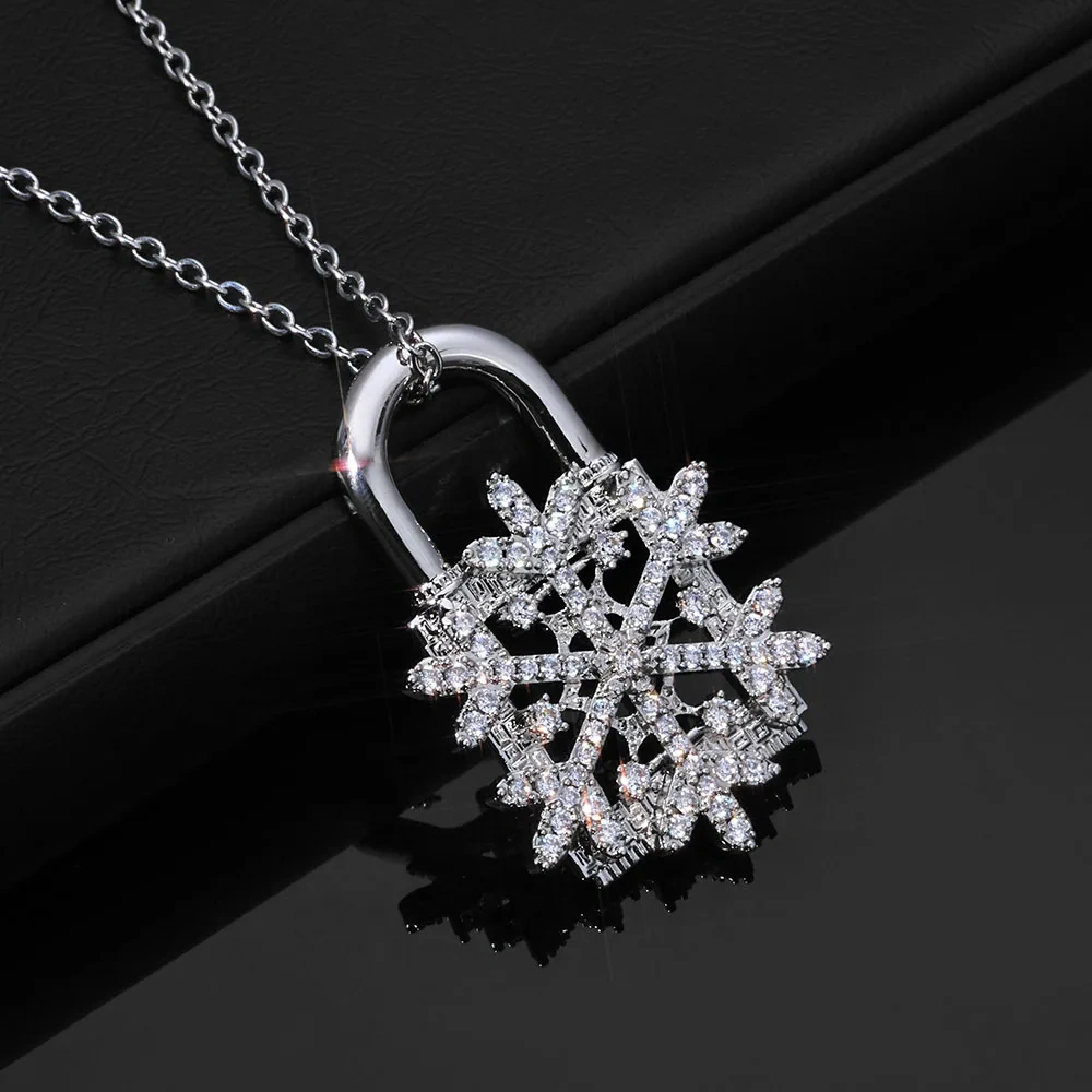 ESKEEM Iced Out Diamond Snowflake Pendant Necklace with Fine Chain for Women Keybox Padlock Design Charm Pendant Fashion Jewelry