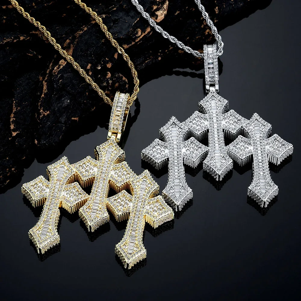Hip Hop Jewelry VVS Cross Pendant Solid 925 Silver Gold Plated Iced Out Custom Triple Cross Baguette Moissanite Necklace  ﻿