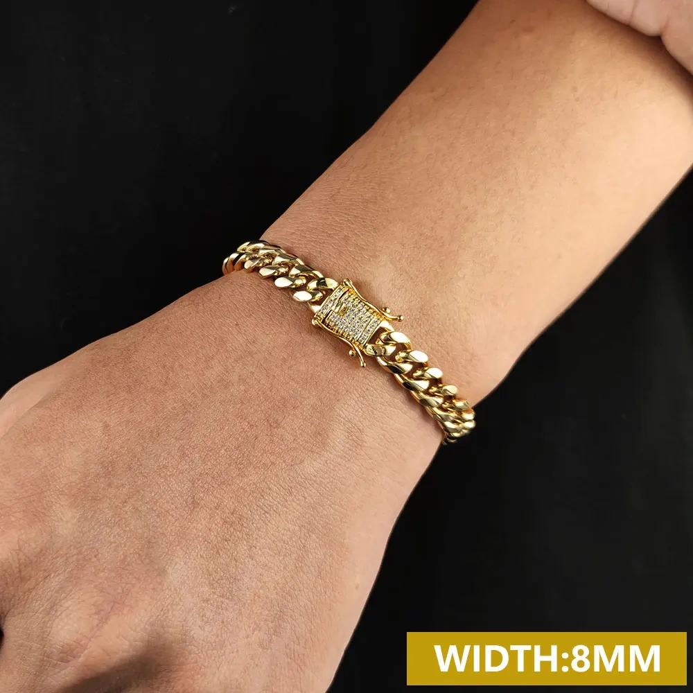 6/8/10/12/14/16MM Hip Hop Rock Zircon Clasp Cuban Bracelets For Men Stainless Steel Jewelry