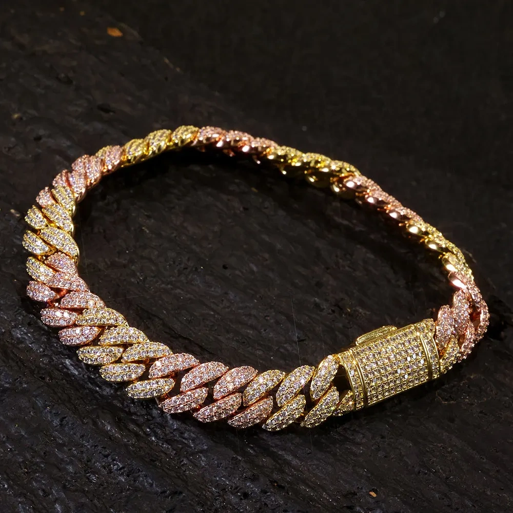 Hip Hop 10mm Iced Out Cuban Chain Bracelet Fine Jewelry Rose Gold Plated Two Color Cuban Link Necklace Women Birthday Gift