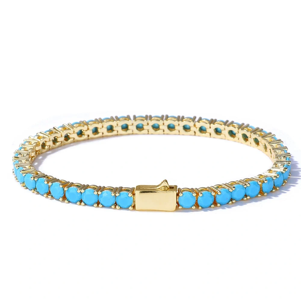 ESKEEM Fashion Jewelry Women 4mm Custom Blue Turquoise Tennis Chain Bracelet 18K Gold Plated Tennis Bracelet for Gift ﻿