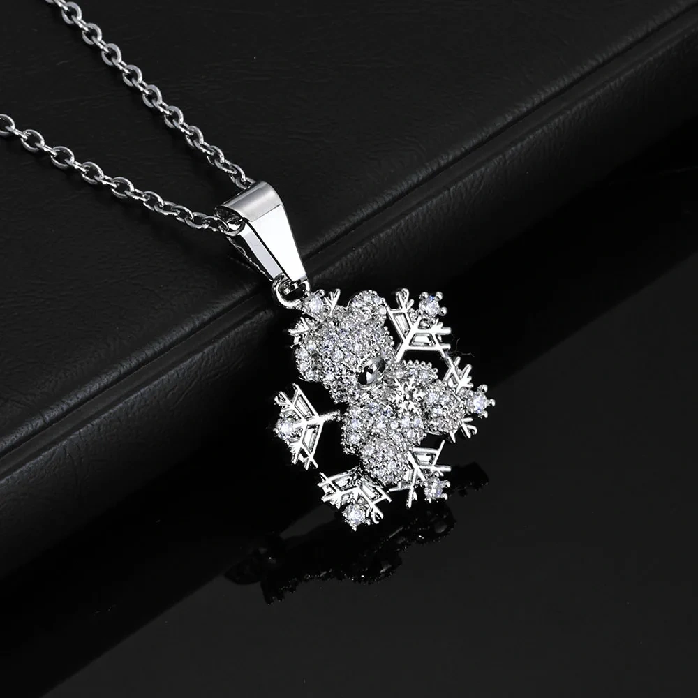 ESKEEM Bear Shape Snowflake Pendant Necklace Silver Plated Iced Out Zircon Charm Pendant for Christmas Gift Jewelry