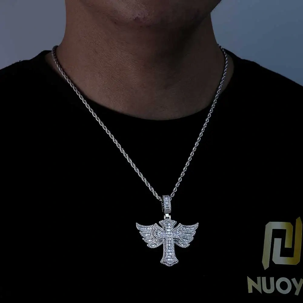 New 925 Sterling Silver Wings Cross Pendant Inlaid With VVS Moissanite Diamond Popular Hip-hop Cross Necklace Jewelry