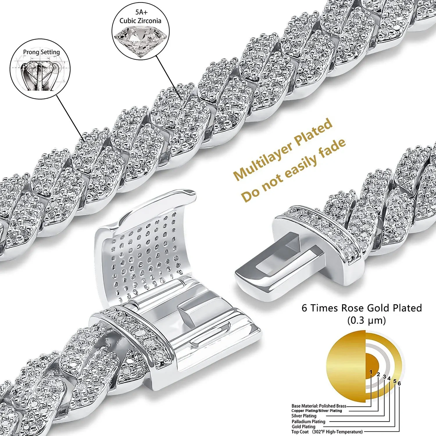 Drop Shipping Hip Hop Cuban Link Chain Necklace Silver/18k Gold Plated 10/12/14/15/20mm Iced Out Diamond CZ Gift for Him/Her