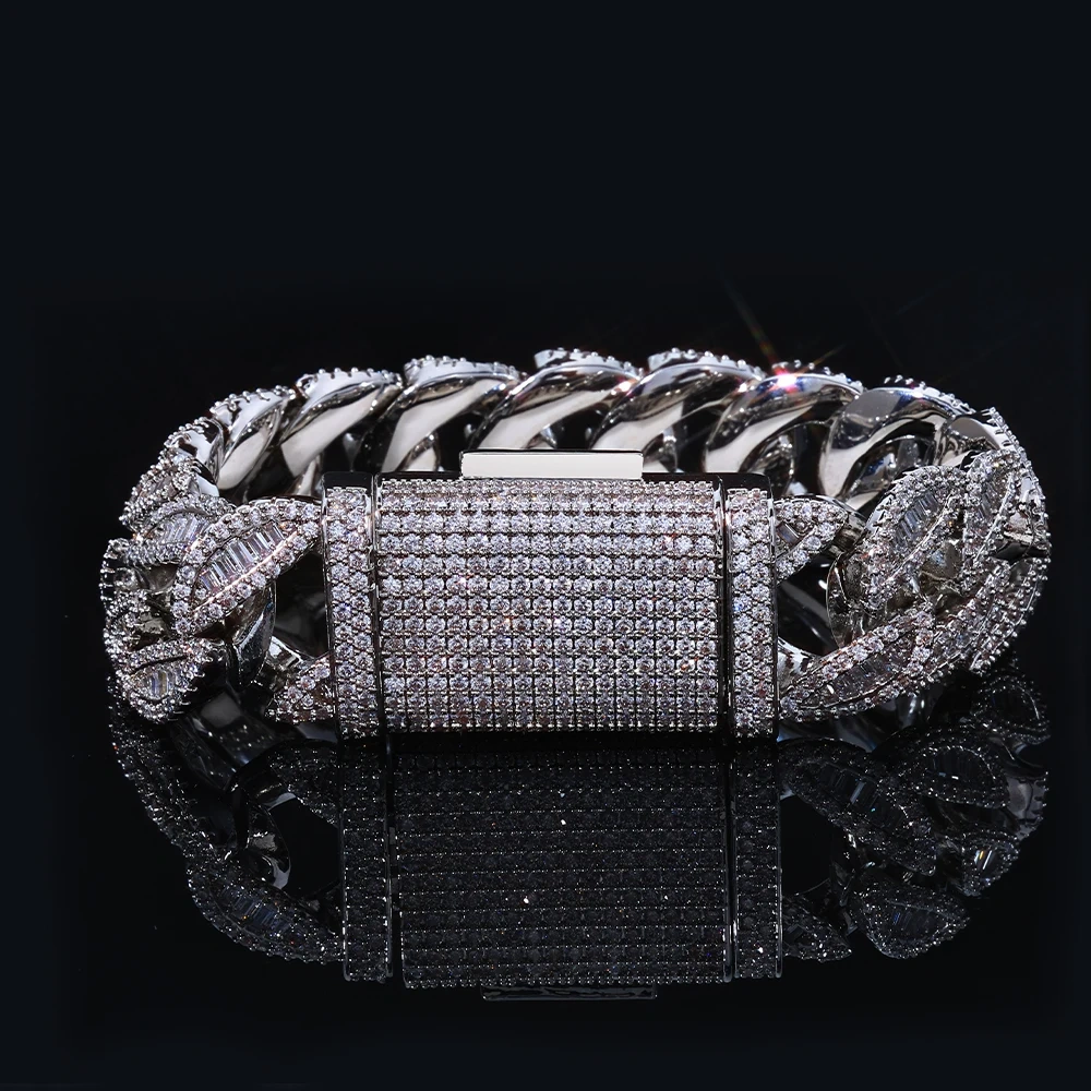ESKEEM Luxury Hip Hop Bracelet 20MM Cuban Chain Full Iced Out Mixed Baguette Round Cubic Zirconia Inlay Jewelry