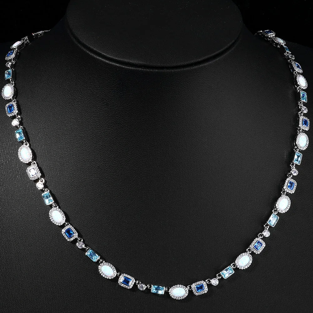 ESKEEM 6mm Geometric Gemstone Motif Iced Out Blue Chain Multicolor CZ Stones White Gold Plated Diamond Necklace Hip Hop Jewelry