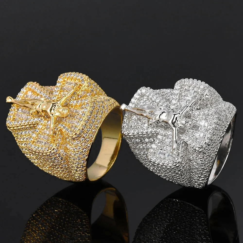 ESKEEm Hip Hop Rapper Jewelry Shiny Religious Cross Jesus Ring for Men Micro Pave Iced Out Cubic Zirconia Cross Ring Party Gift