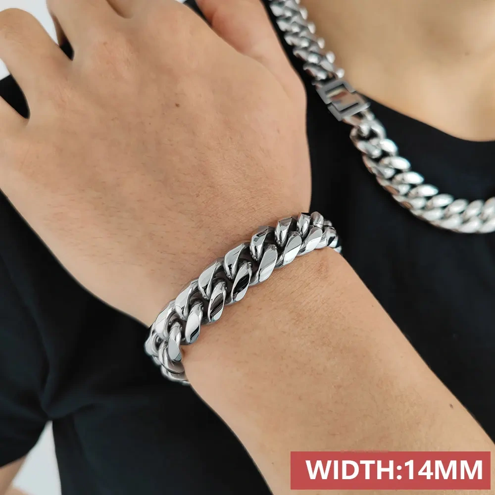 6/8/10/2/14/16MM Width Hip Hop Jewelry Miami Stainless Steel Rectangle Clasp Curb Cuban Link Bracelets For Men