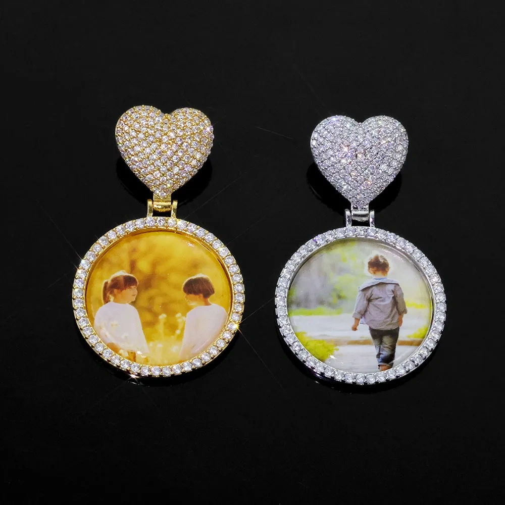 ESKEEM Custom Heart Bail Circle Chain Photo Pendant Necklace DIY Iced Out 35mm Photo Frame Pendant Hip Hop Necklace Jewelry