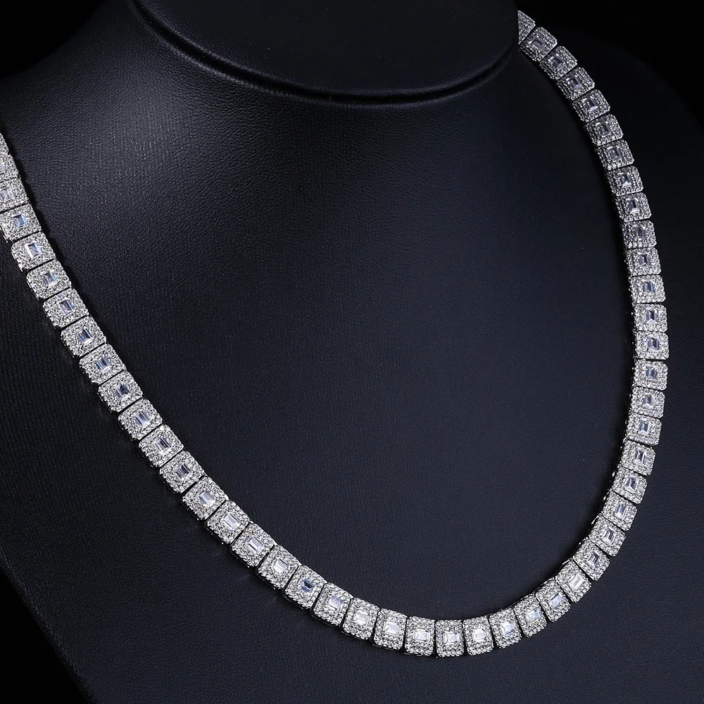 ESKEEM 7.5mm Iced Cubic Zirconia Cluster Tennis Chain Bling Baguette with Round CZ Necklace Women Hip Hop Jewelry