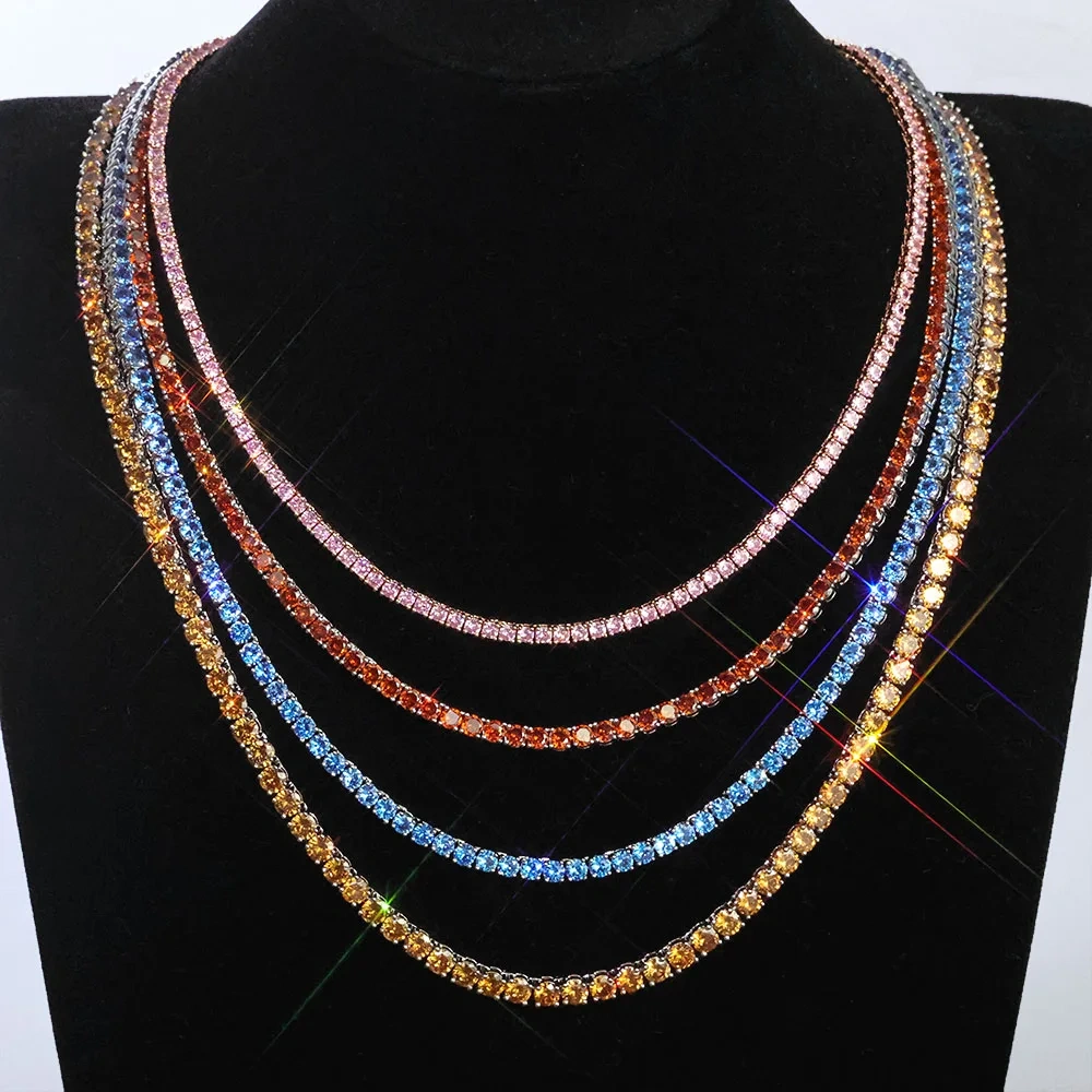 ESKEEM 5mm Pink Gemstone Tennis Chain 18k Gold Plated Hip Hop Jewelry Shiny Cubic Zirconia Iced Out Necklace