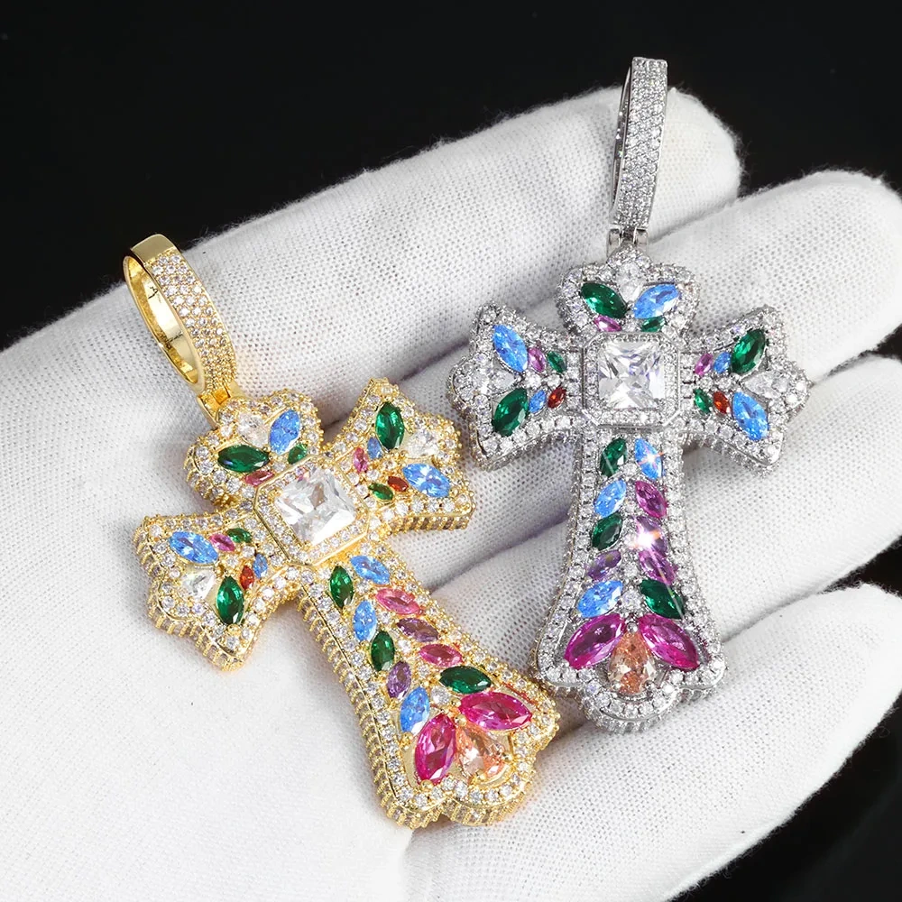 ESKEEM Custom Colorful Cross Pendant Large Baguette CZ Diamond Iced Out Charm Pendant Hip Hop Jewelry DropShipping Men Women