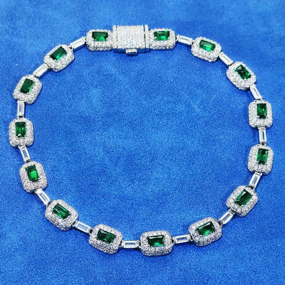 Hiphop Fashion Jewelry 7mm Sparkling White Gold Plated Green Baguette Diamond Chain Bracelet Brass Zircon Emerald Bracelet