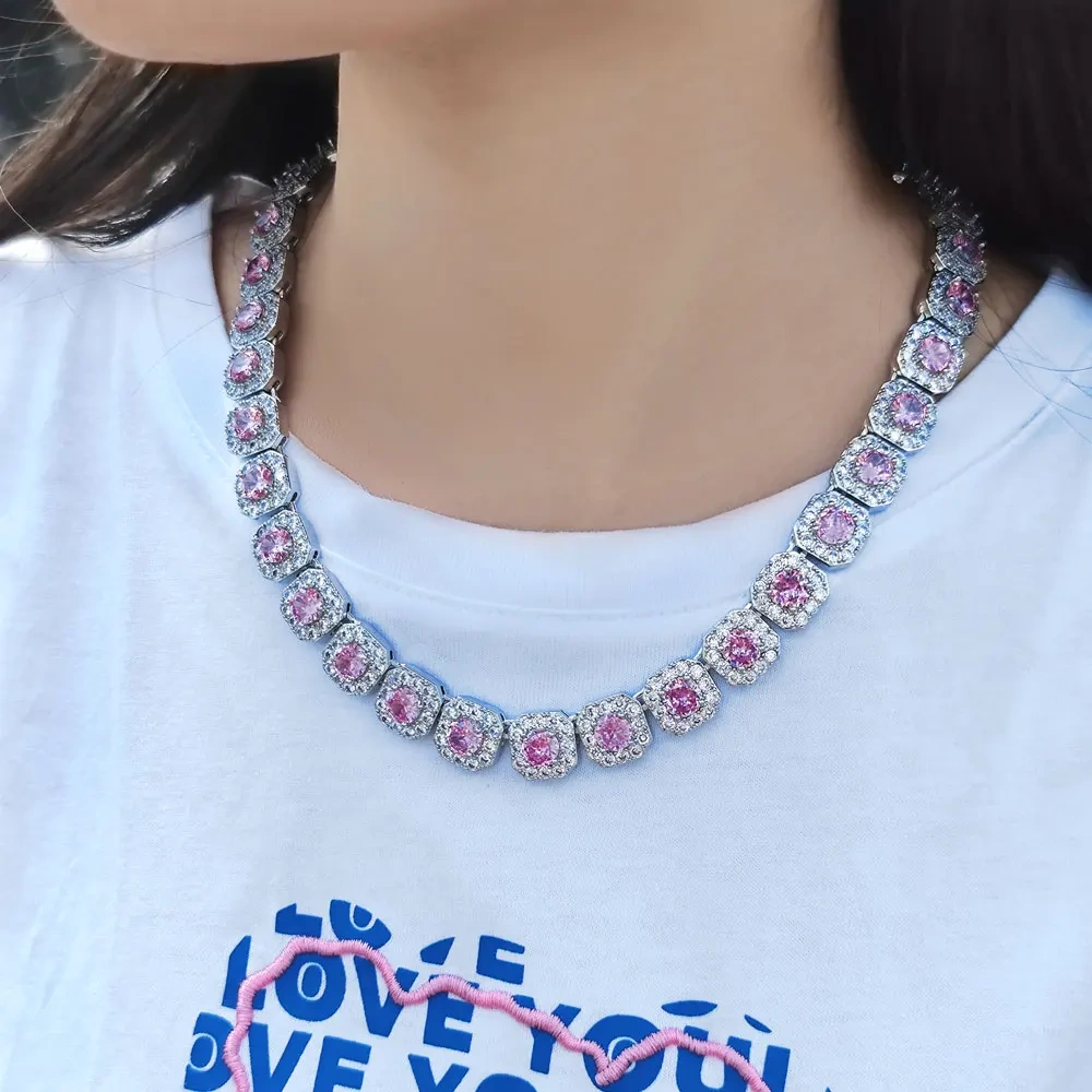 12mm Hip Hop Jewelry Pink/Treasure Blue/Sea Blue Girl Cluster Tennis Chain Cubic Zirconia Bling Diamond CZ Necklace For Women