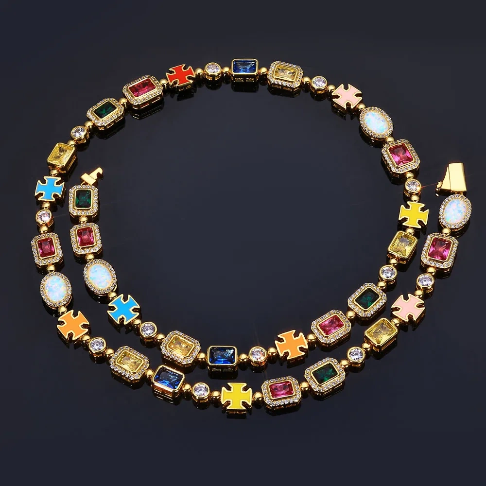 ESKEEM 10mm Fine Multi Color Enamel Bling Cz Diamond Chain Geometric Gemstone Motif Iced Out Cross Necklace for Men Women