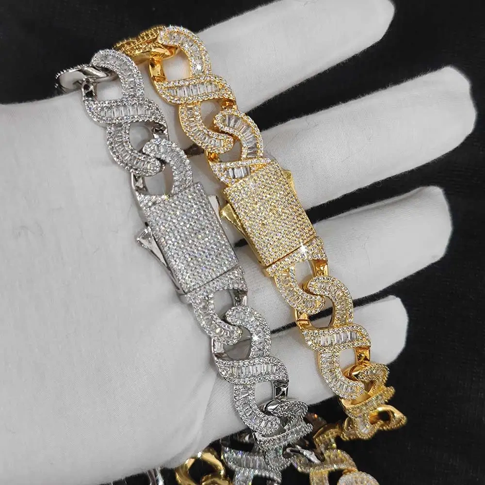 Hip Hop Jewelry 15MM Bling Iced Out Infinity Necklaces for Men Baguettecz Prong Setting 8word Cuban Link Chain Choker for Gift ﻿