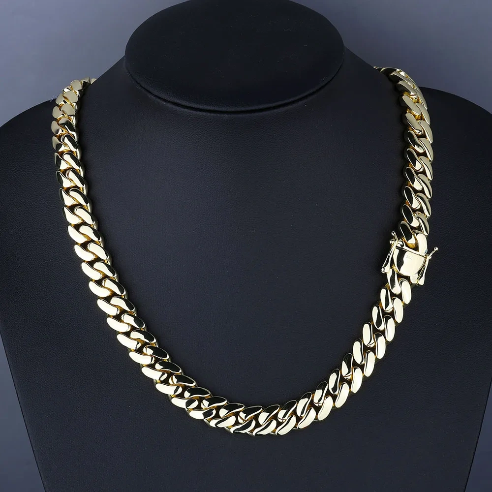 12MM Brass Choker 14K Solid Gold Plated Miami Cuban Link Chain Necklace Men Women Hip Hop Monaco Jewelry with Deep Carving 14k