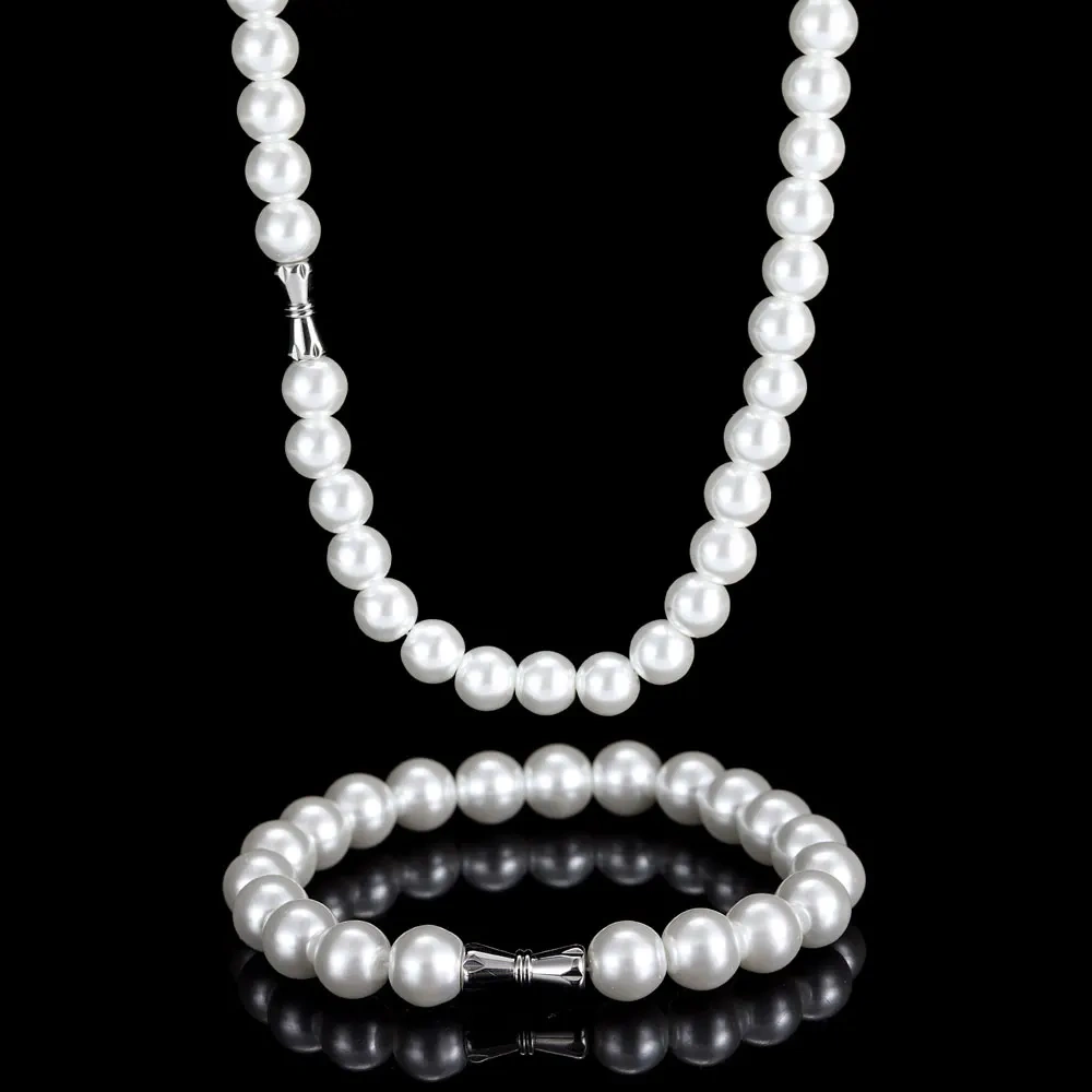 Hip Hop Jewelry 6mm 8mm 10mm 12mm Beaded White Pearl Strand Bracelet Women Men High Quality Bracelet Stainless Steel Clasp