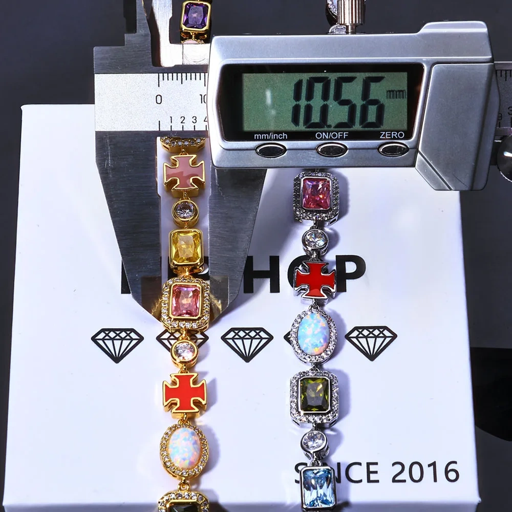 ESKEEM 10mm Fine Multi Color Enamel Bling Cz Diamond Chain Geometric Gemstone Motif Iced Out Cross Necklace for Men Women