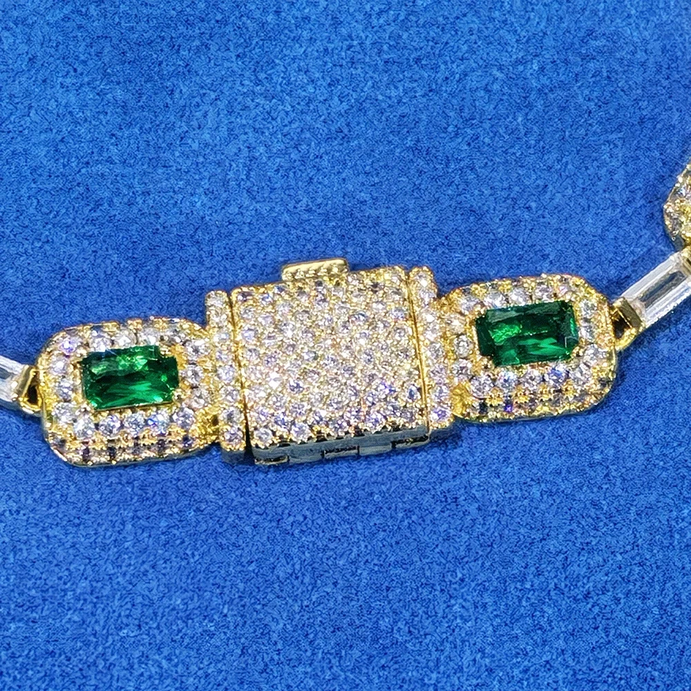 Hiphop Fashion Jewelry 7mm Sparkling White Gold Plated Green Baguette Diamond Chain Bracelet Brass Zircon Emerald Bracelet