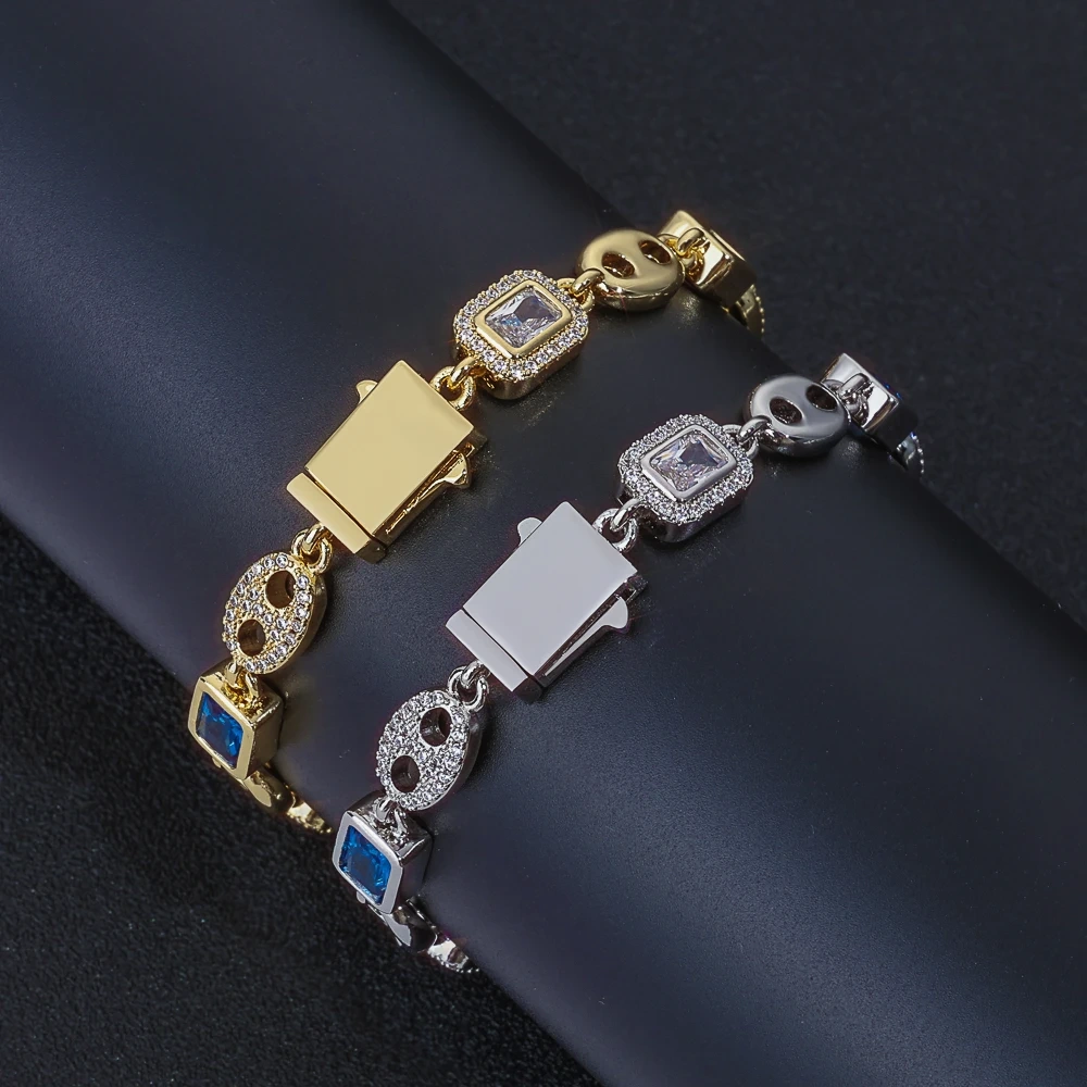 ESKEEM 10MM Gemstone Iced Out Pig Nose Bracelet New Blue Cubic Zirconia Cuban Link Bracelet Hip Hop Jewelry