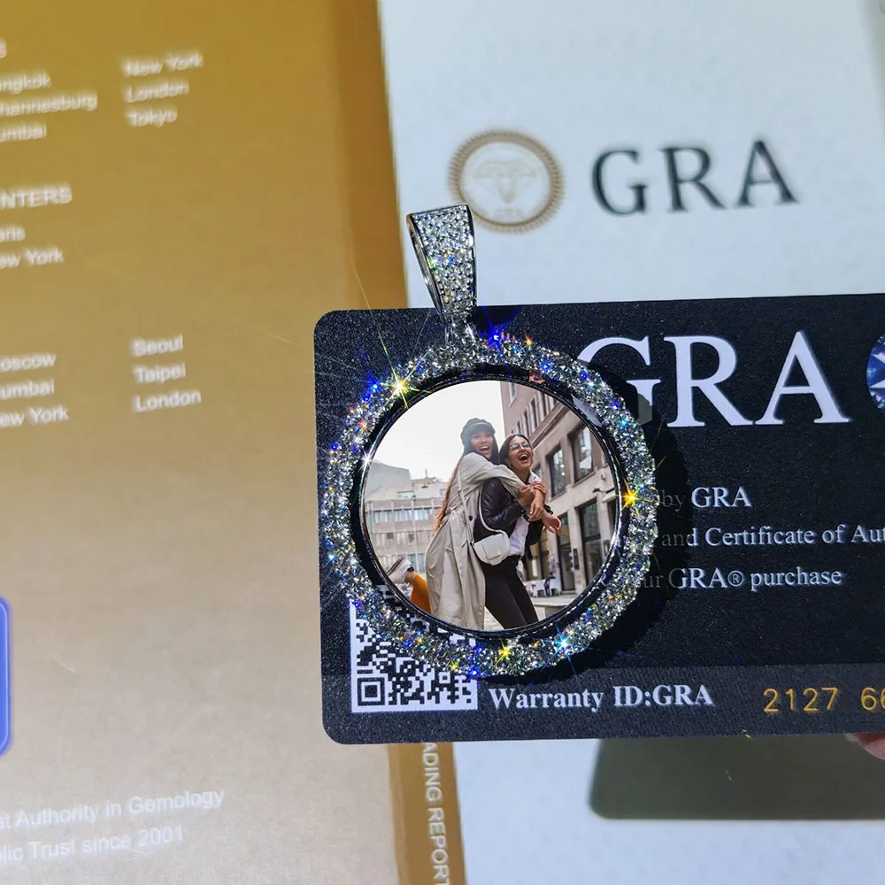Custom Rotate Double Side Photo S925 Personalized Pendants VVS Moissanite Circle Picture Chain Bling Charm Necklaces Jewelry