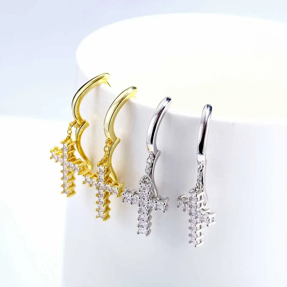 Drop Shipping Hip Hop Thick Hoop Earrings Bling Ice Out Cross CZ Zircon Plated Stud Lightning Earrings For Women Jewelry