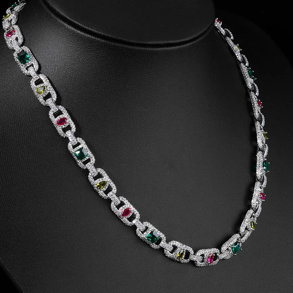 ESKEEM Iced Out Diamond Cuban Link Chain Silver Plated Mixed Inlaid Colorful Zircon Charm Hip Hop Necklace